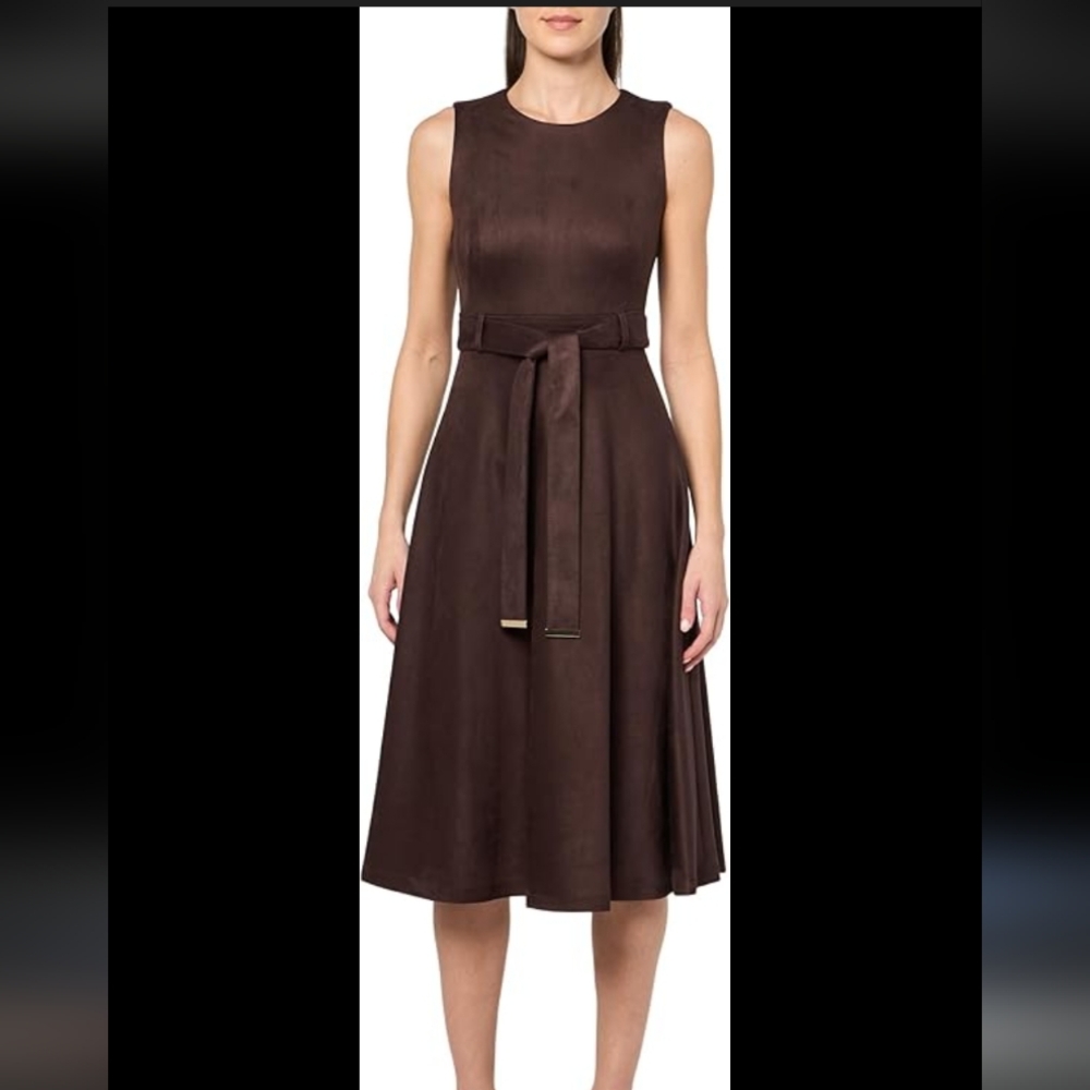 Calvin Klein Chocolate Brown Sleeveless Brown A-Line Midi Dress Self-Tie Belt